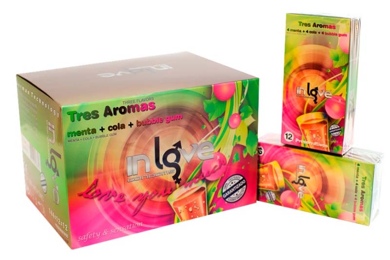 IN LOVE CONDOMS 3 Aromas (Mint, Cola and Bubble Gum) 12 Boxes of 12 Condoms