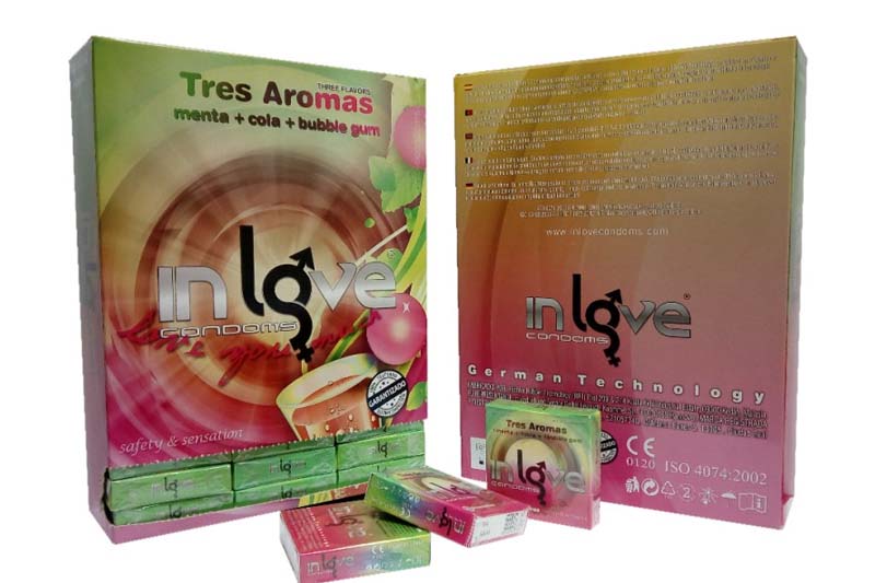 IN LOVE CONDOMS 3 Aromas (Mint, Cola and Bubble Gum) 48 boxes of 3 Condoms