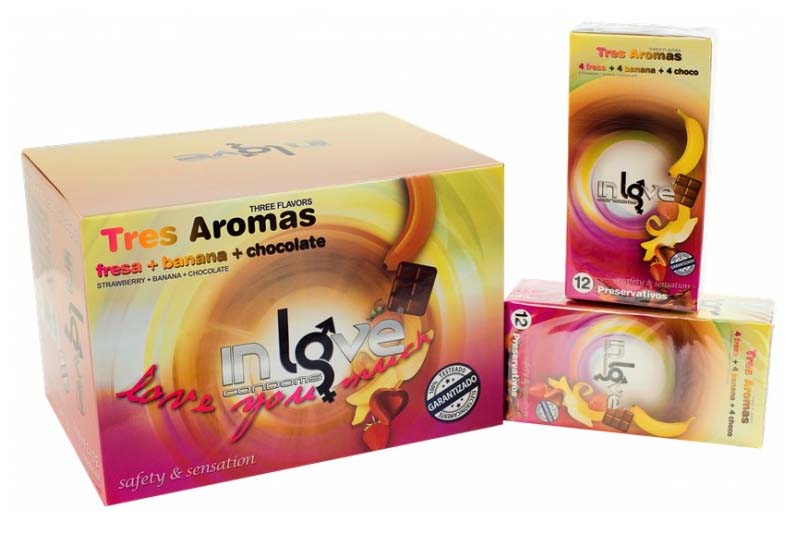IN LOVE CONDOMS 3 Aromas (Strawberry, Banana and Chocolate) 12 Boxes of 12 Condoms