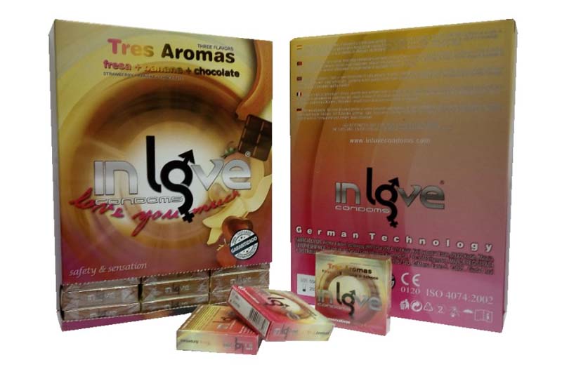 IN LOVE CONDOMS 3 Aromas (Strawberry, Banana and Chocolate) 48 boxes of 3 Condoms