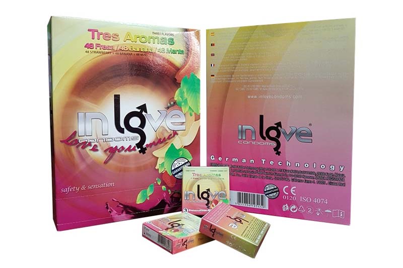 IN LOVE CONDOMS 3 Aromas (Strawberry, Banana and Mint) 48 boxes of 3 Condoms