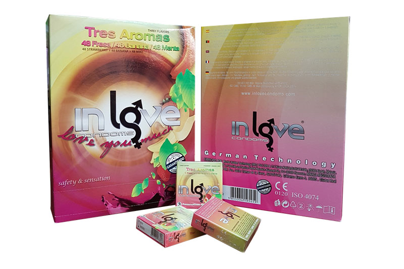20 GRUESAS EXPENDEDORAS DE PRESERVATIVOS IN LOVE 3 AROMAS (FBM), 144X48X3